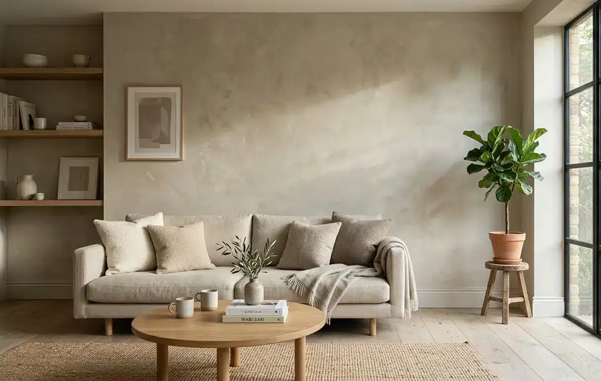 A minimalist living room with a warm greige limewash wall showing a soft, mottled matte texture under natural light.