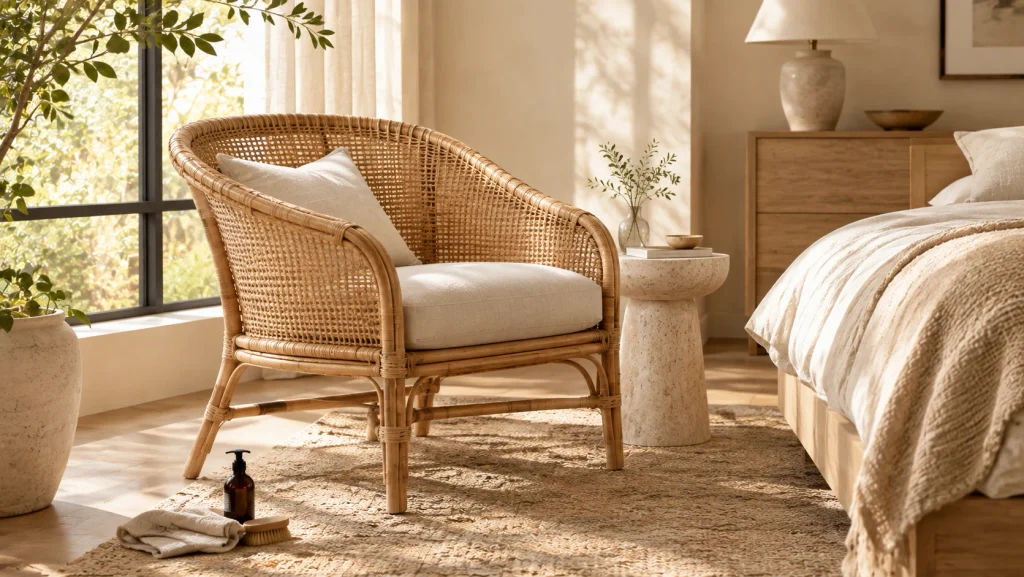 Natural rattan chair in a bright modern bedroom with filtered sunlight