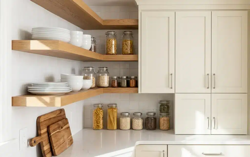 Open oak shelves holding white stoneware plates, glass jars, and wooden boards next to closed cream cabinets