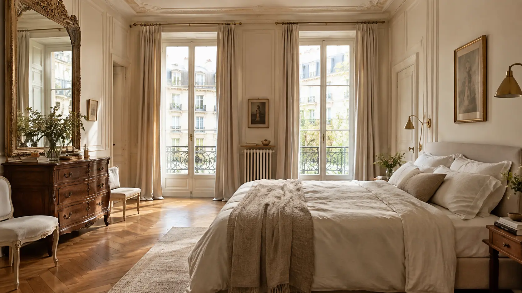 Elegant Parisian apartment bedroom with classic wall molding, vintage mirror, linen bedding, and herringbone flooring