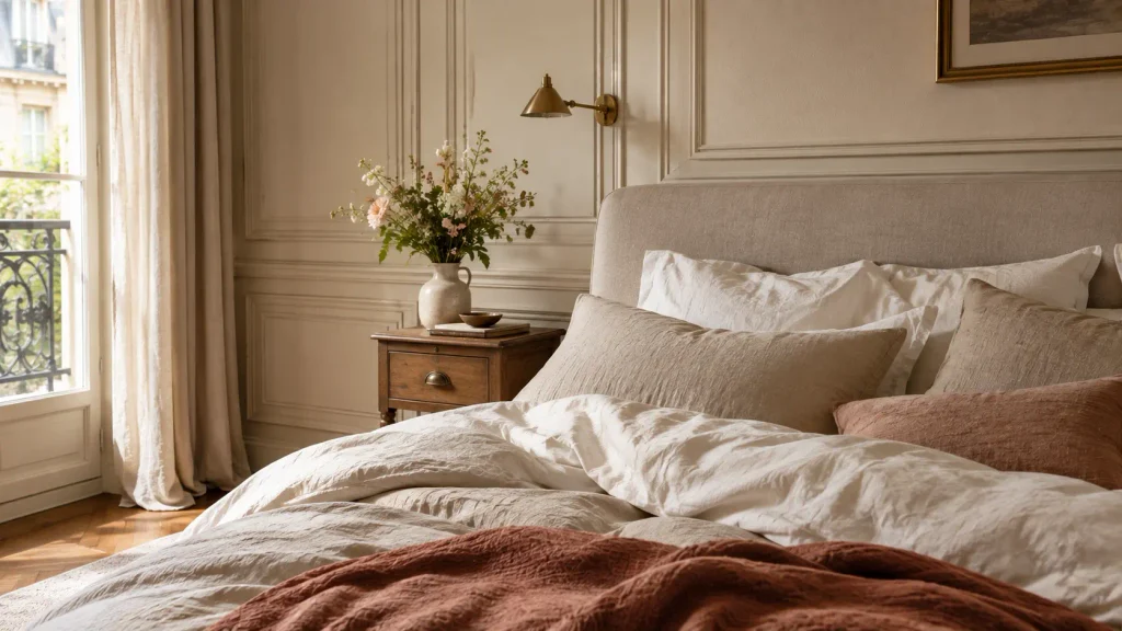 Parisian bedroom mixing an antique French commode with a modern upholstered bed and contemporary furniture