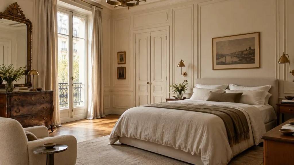 Relaxed Parisian bedroom with naturally rumpled linen bedding and warm neutral decor