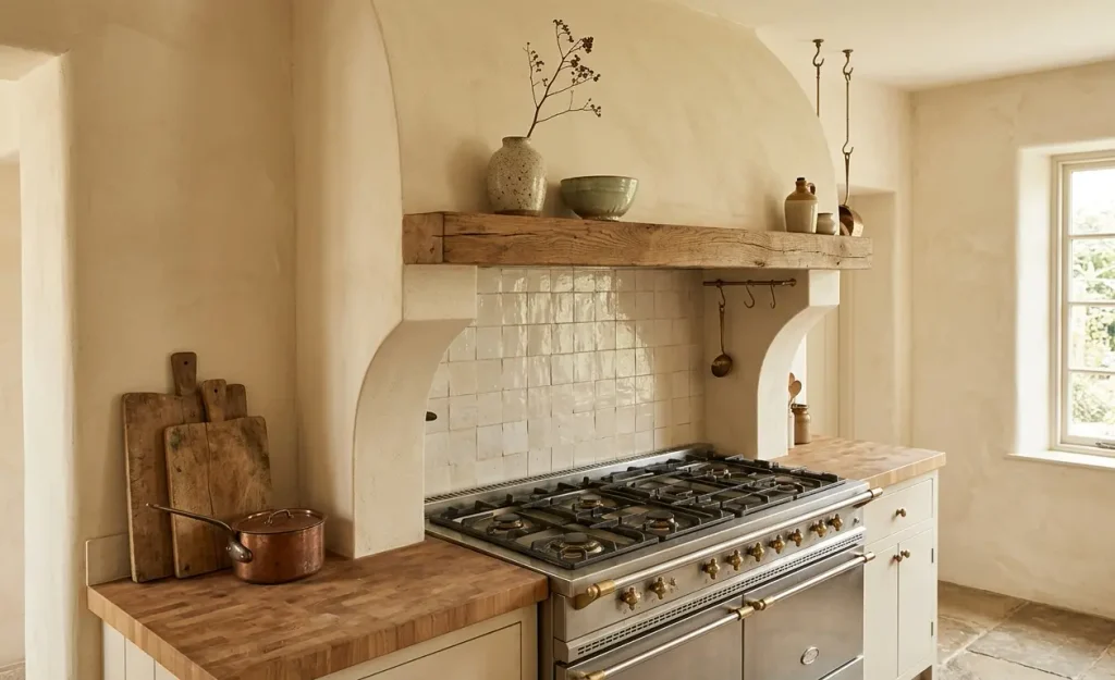 Curved plaster range hood over a freestanding range with a wooden mantel shelf and ceramic pieces