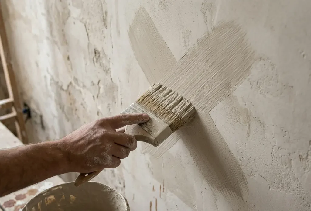 Applying paint in a crosshatch motion with a masonry brush to repair a scuff mark on a limewash wall.