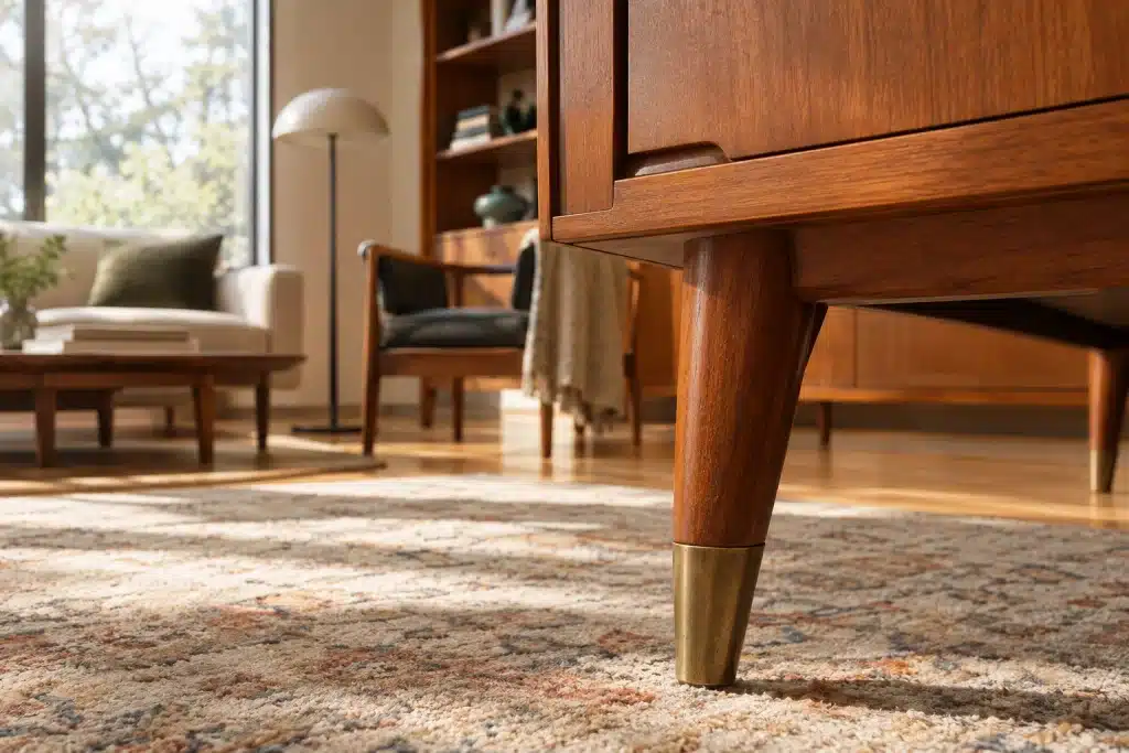 Restored mid-century modern teak credenza featuring an unpolished brass leg ferrule with authentic age patina.