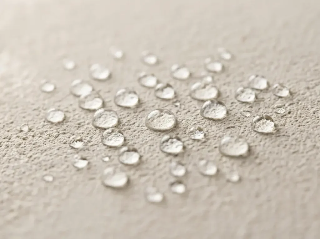 Close up view of water droplets beading on a sealed mineral limewash wall surface.