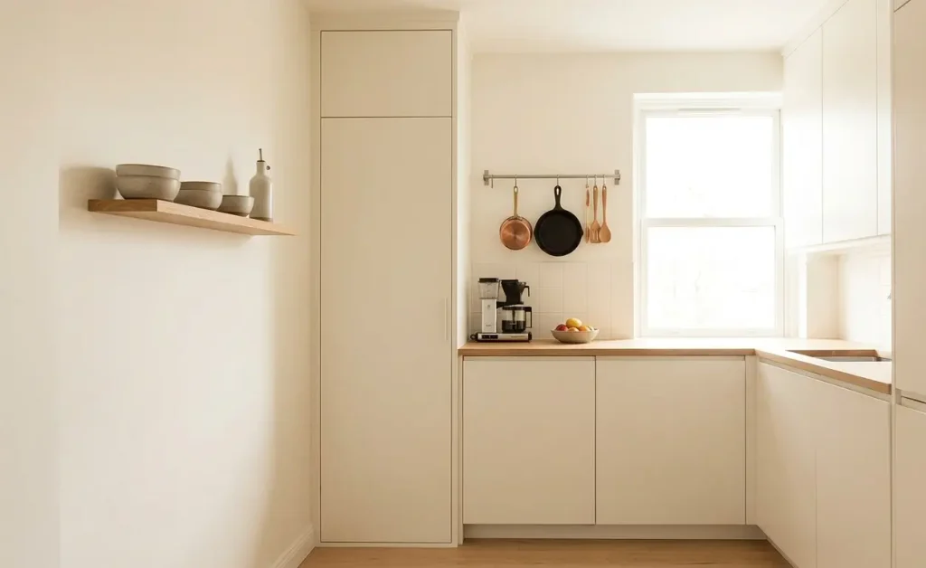 Compact kitchen with warm white cabinets, one small open shelf, a tall narrow pantry, and a wall-mounted pot rail
