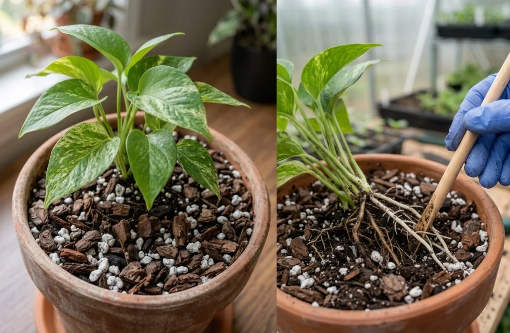 Houseplant in an unglazed terracotta pot with a highly aerated soil mix rich in perlite for root rot prevention