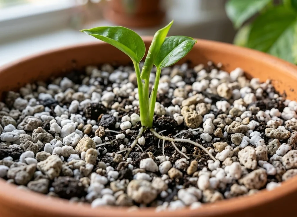 Houseplant in a porous terracotta pot with high-drainage soil mix containing over 30% perlite