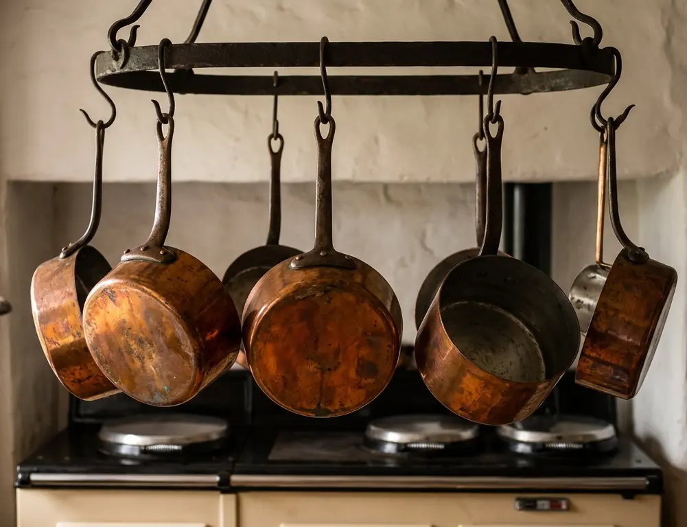 Vintage tin-lined copper saucepans with warm patina hanging from an iron pot rack above a range