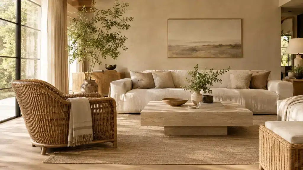 Modern living room featuring Vietnamese rattan furniture, natural oak, and travertine