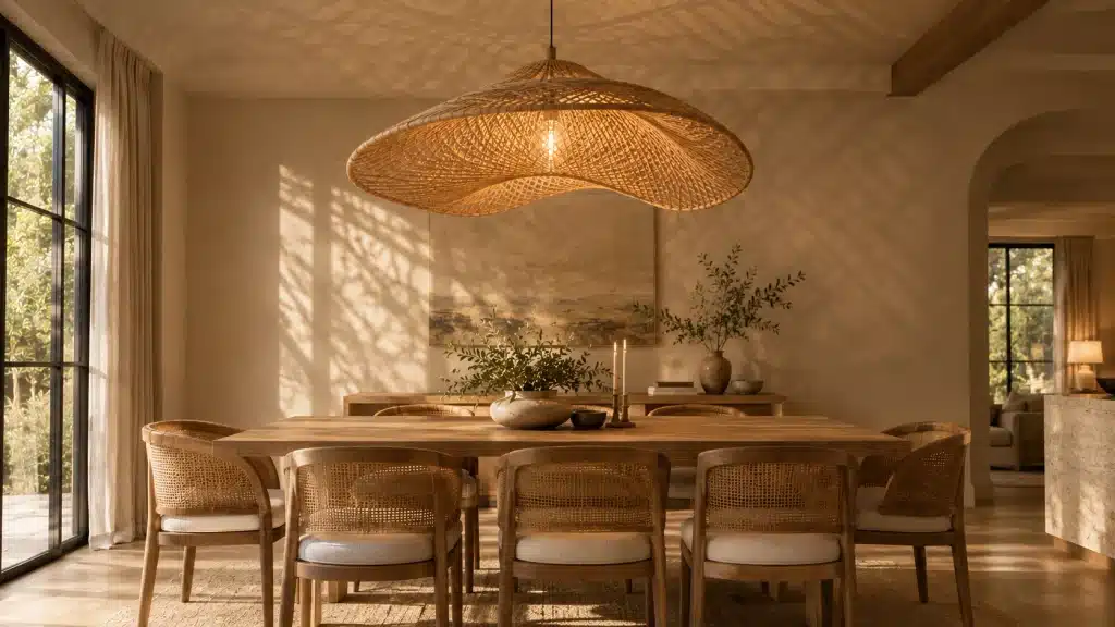 Handwoven Vietnamese rattan pendant light casting geometric shadows