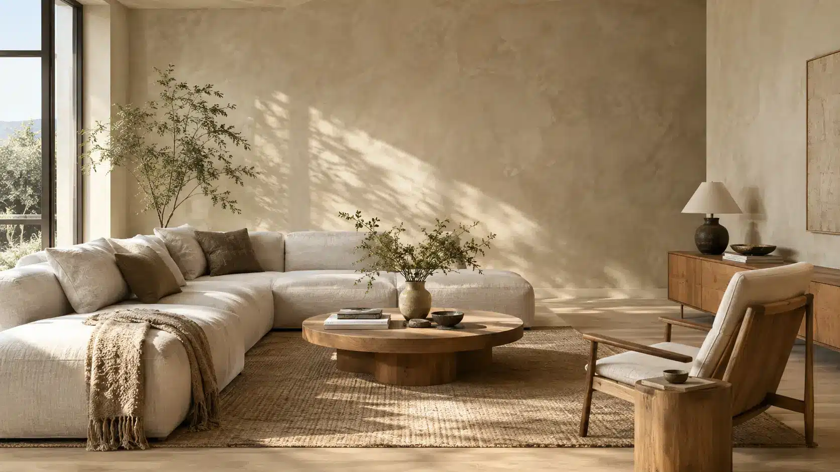 Soft warm neutral limewash paint wall in a modern organic living room with natural light