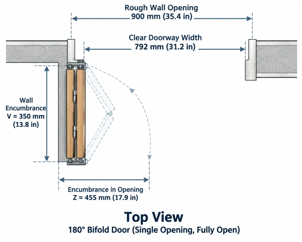 Illustrated bifold door clearance diagram showing a 900 mm opening, 792 mm clear width, and V and Z dimensions