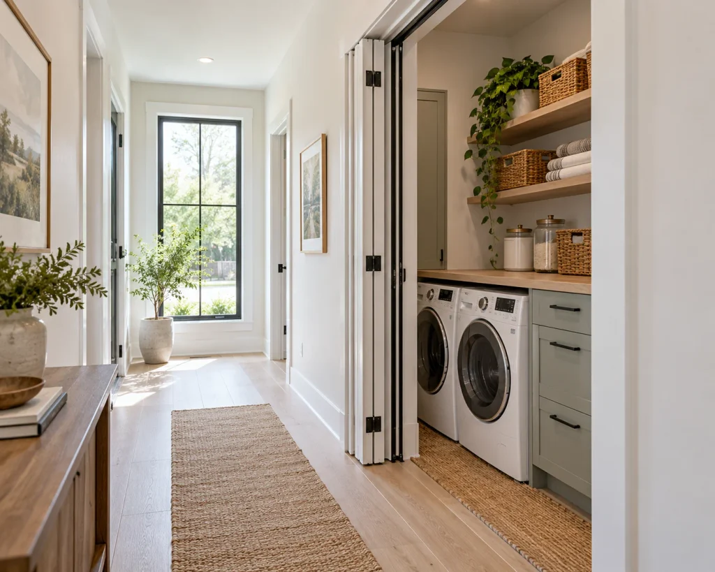 180-degree bifold door folded open beside a modern laundry closet in a narrow hallway