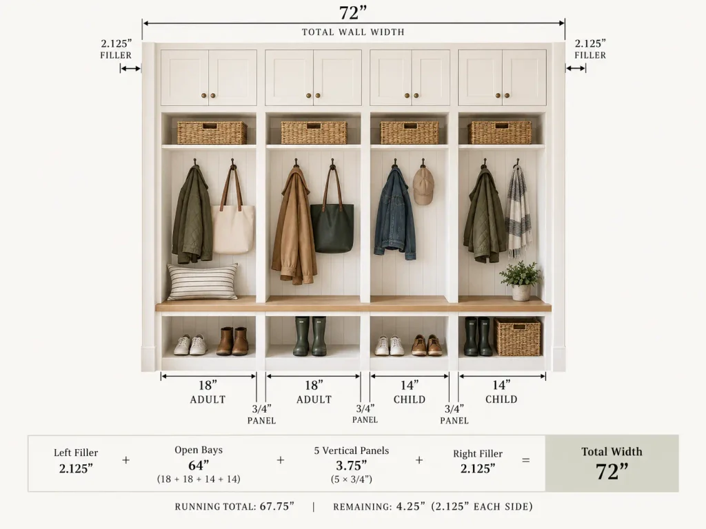 Four-bay mudroom locker layout for a 72-inch wall with adult and child storage compartments