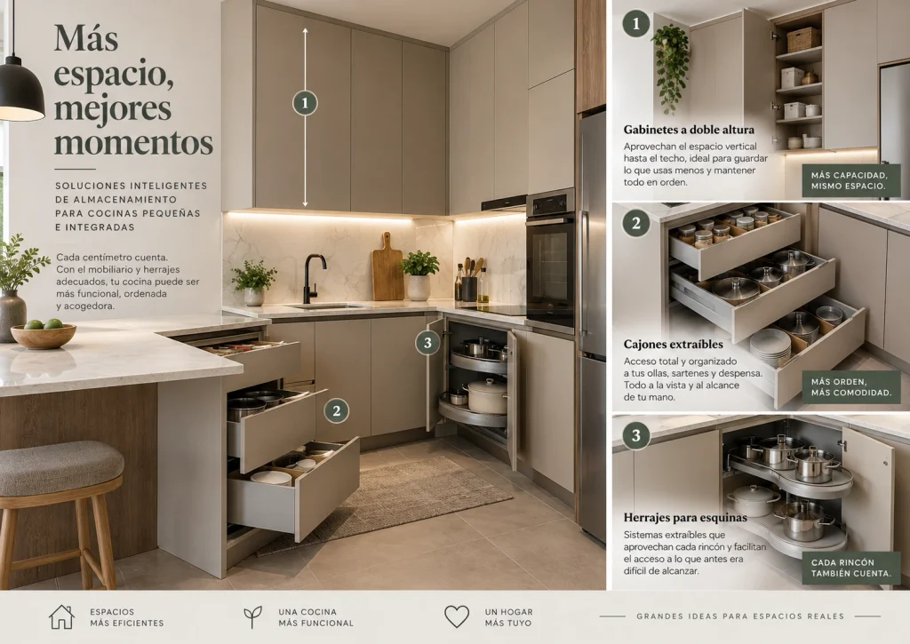 Cocina integral pequeña con gabinetes de doble altura, cajones extraíbles y herrajes para esquinas.