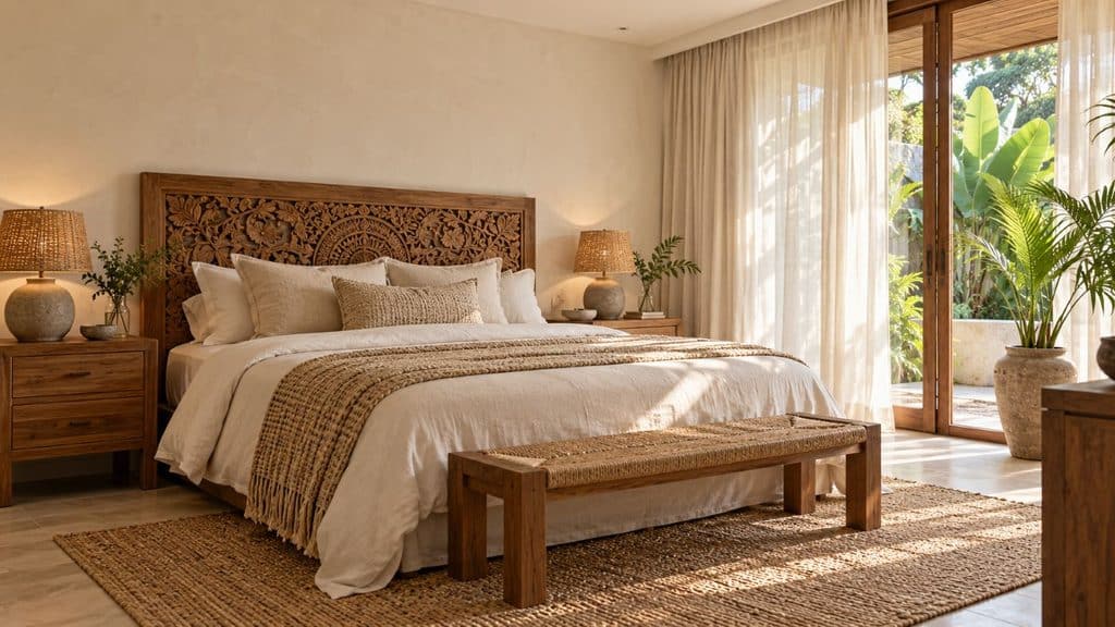 Bali-inspired bedroom with a carved wooden headboard, cream linen bedding, and woven bedside lamps