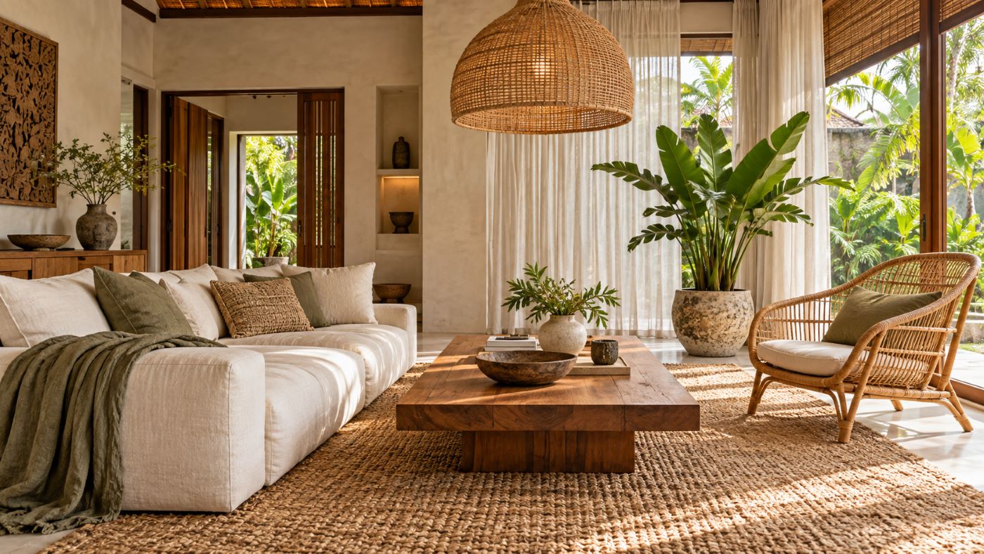 Bali-inspired living room with a teak coffee table, rattan chair, cream sofa, and tropical plants