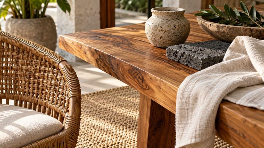 Close-up of wood grain, woven rattan, cream linen, and textured stone in Bali-inspired decor