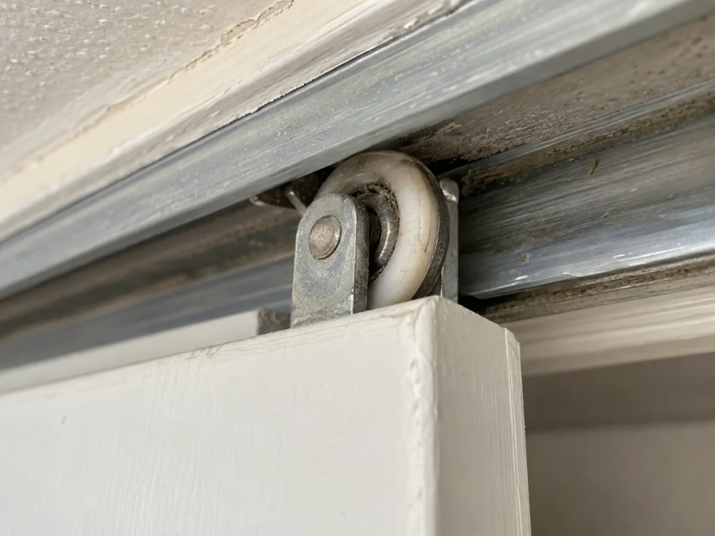 Close-up of a dusty bifold door guide roller inside an upper metal track