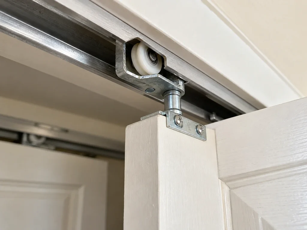 Close-up of an upper bifold door track with a guide roller and metal mounting bracket