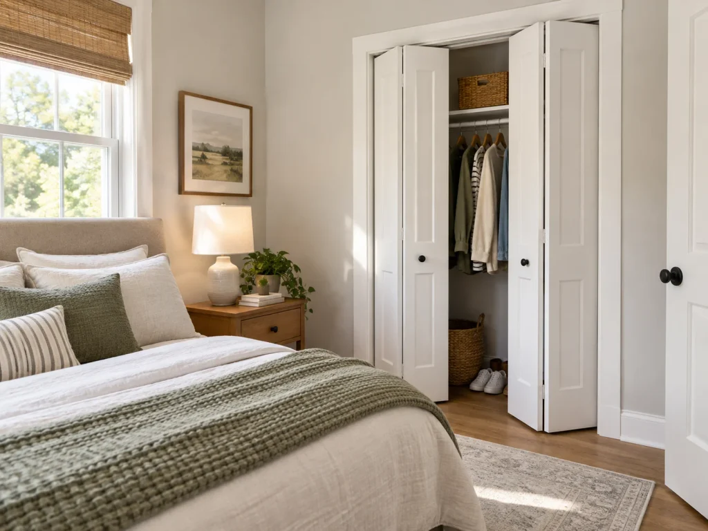 White bifold closet doors partially open beside a bed in a small neutral bedroom