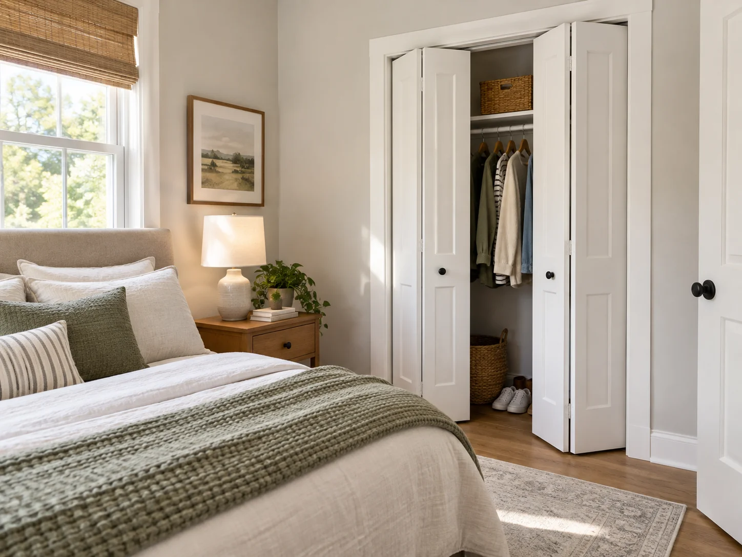 White bifold closet doors partially open beside a bed in a small neutral bedroom