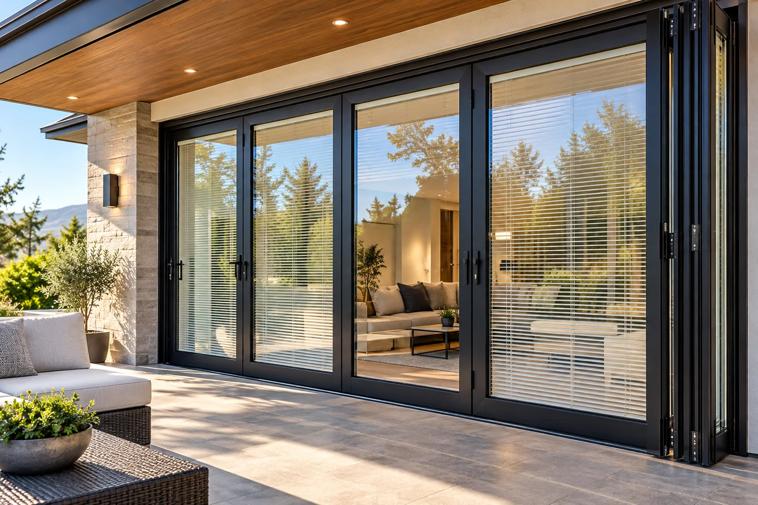 Modern black-framed bifold patio doors with integral blinds overlooking a contemporary outdoor living area.