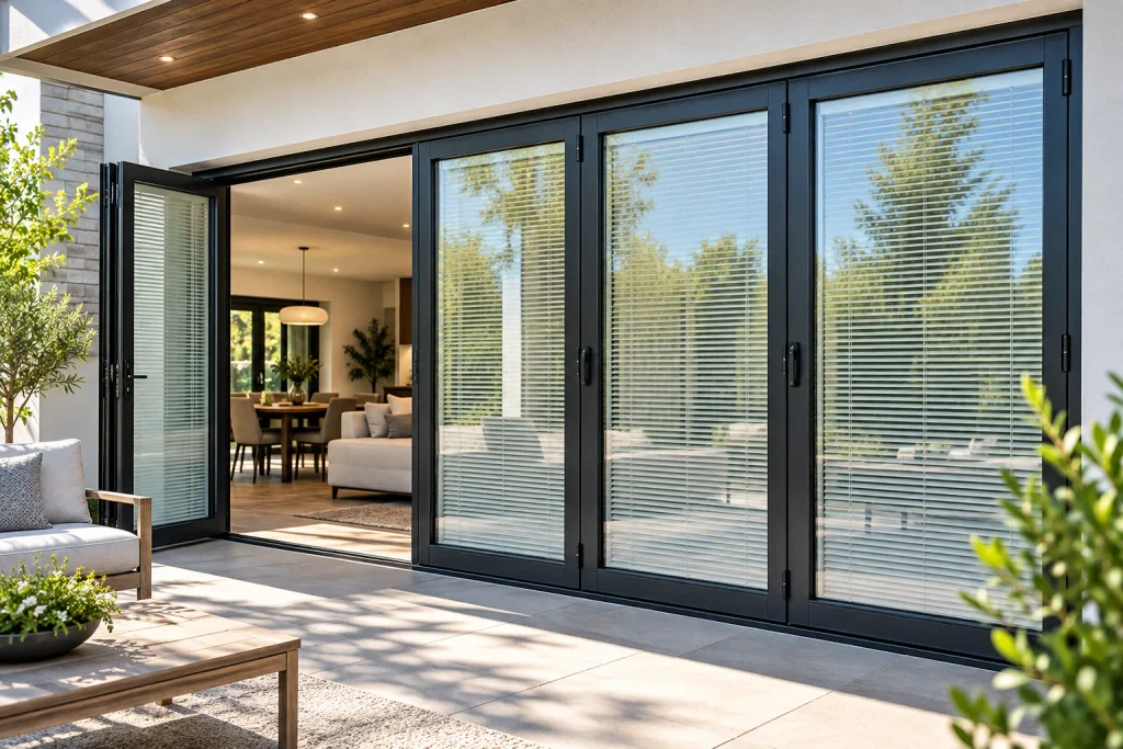 Black aluminum bifold doors with built-in blinds connecting a modern living room to a sunlit patio.