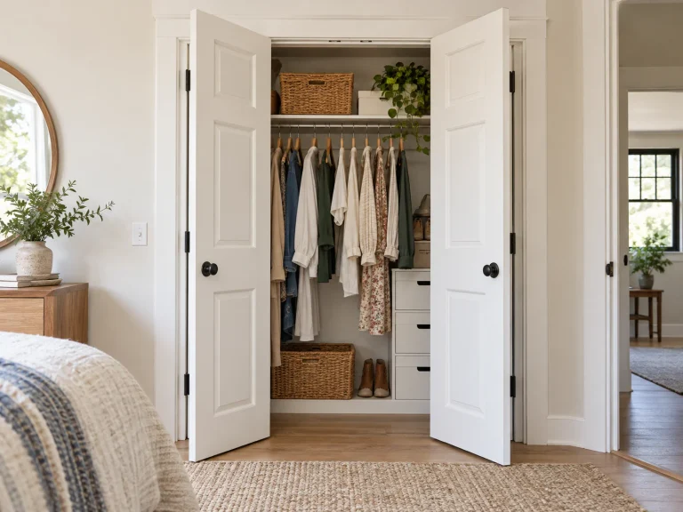 White French-style double closet doors opened outward to reveal an organized bedroom closet