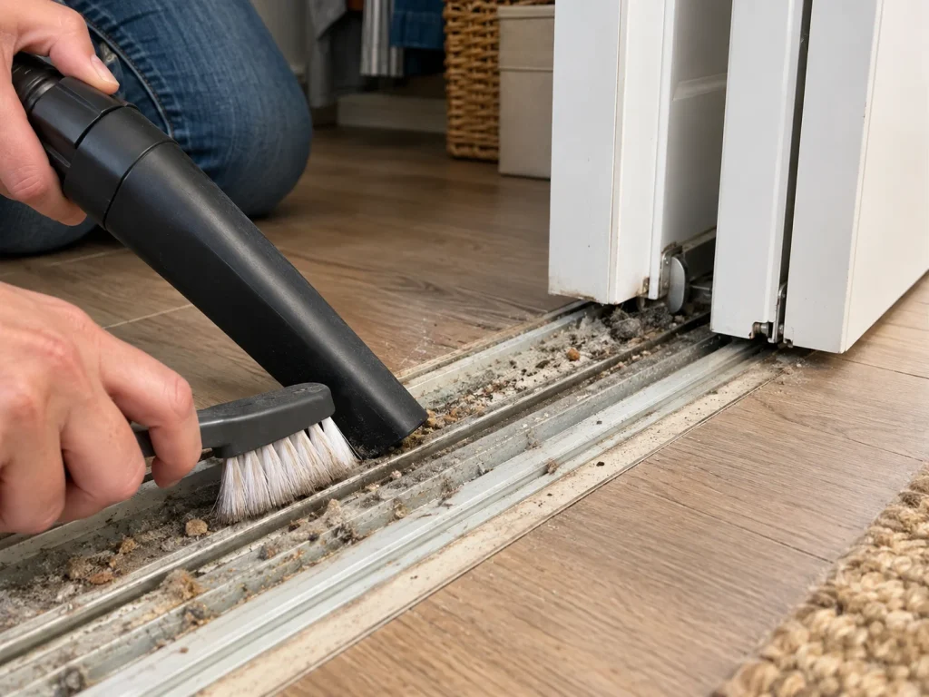 Cleaning debris from a bifold door bottom track with a vacuum and soft brush