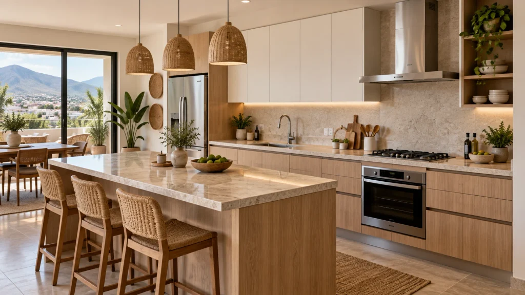 Cocina integral moderna con isla central, gabinetes de madera clara y cubierta de piedra