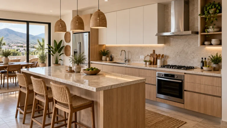 Cocina integral moderna con isla central, gabinetes de madera clara y cubierta de piedra