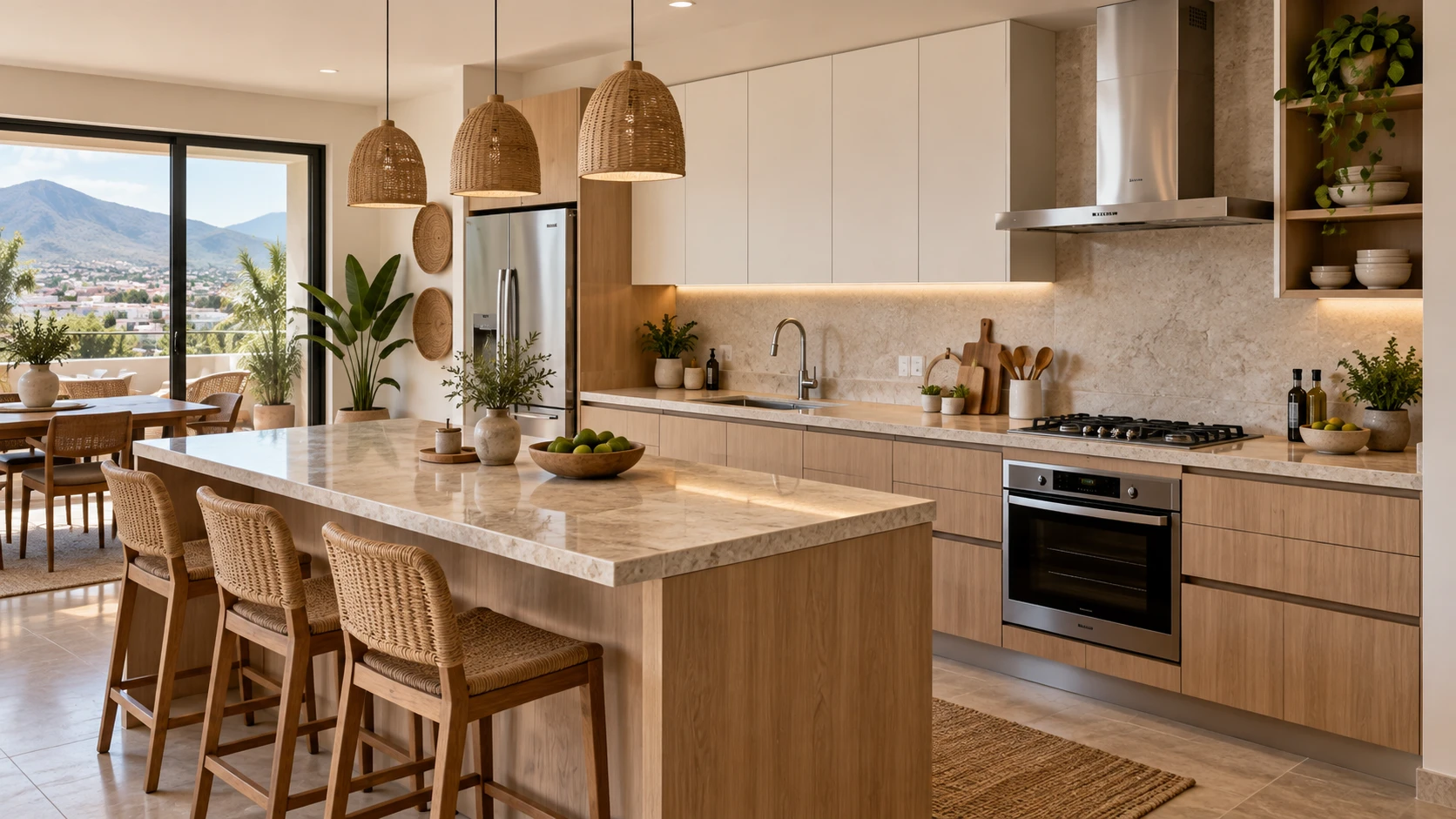 Cocina integral moderna con isla central, gabinetes de madera clara y cubierta de piedra