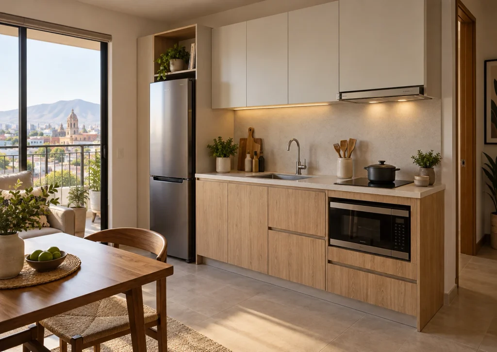 Cocina integral pequeña moderna con gabinetes de madera clara, refrigerador compacto y parrilla empotrada.