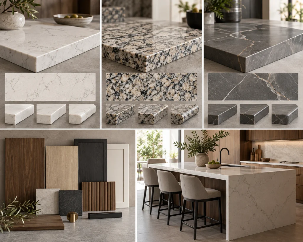 Comparación de cubiertas y acabados para cocina isla, con cuarzo, granito, piedra oscura y muestras de madera.