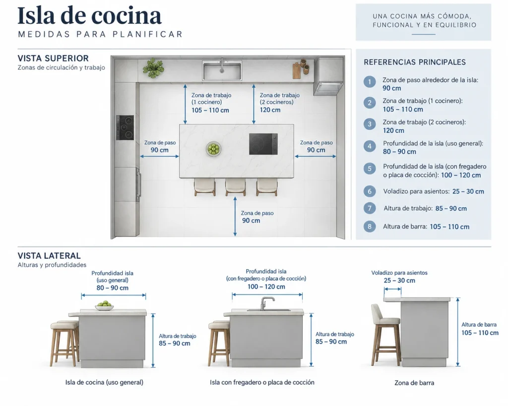 Guía ilustrada de medidas de una cocina isla con pasillos, altura de trabajo y espacio para barra.