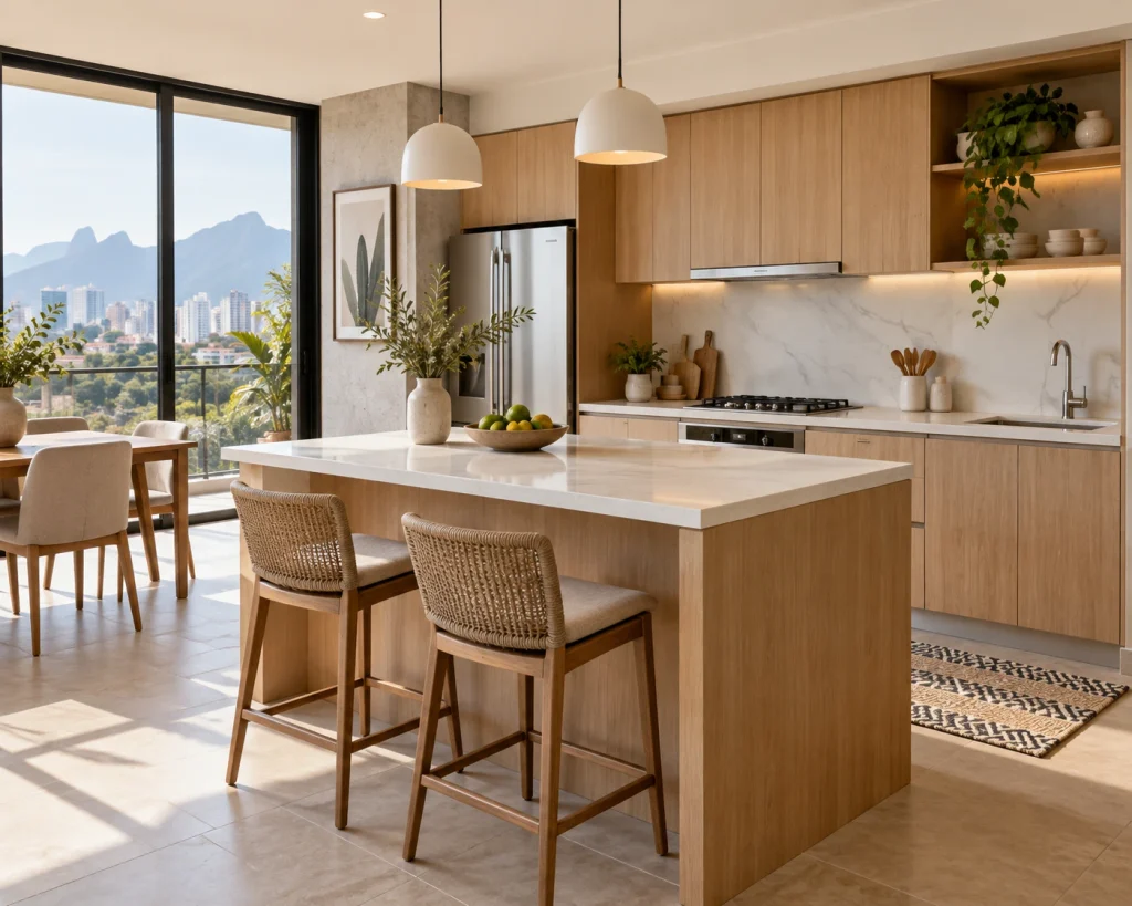 Cocina isla moderna con barra desayunadora, cubierta blanca y gabinetes de madera clara.