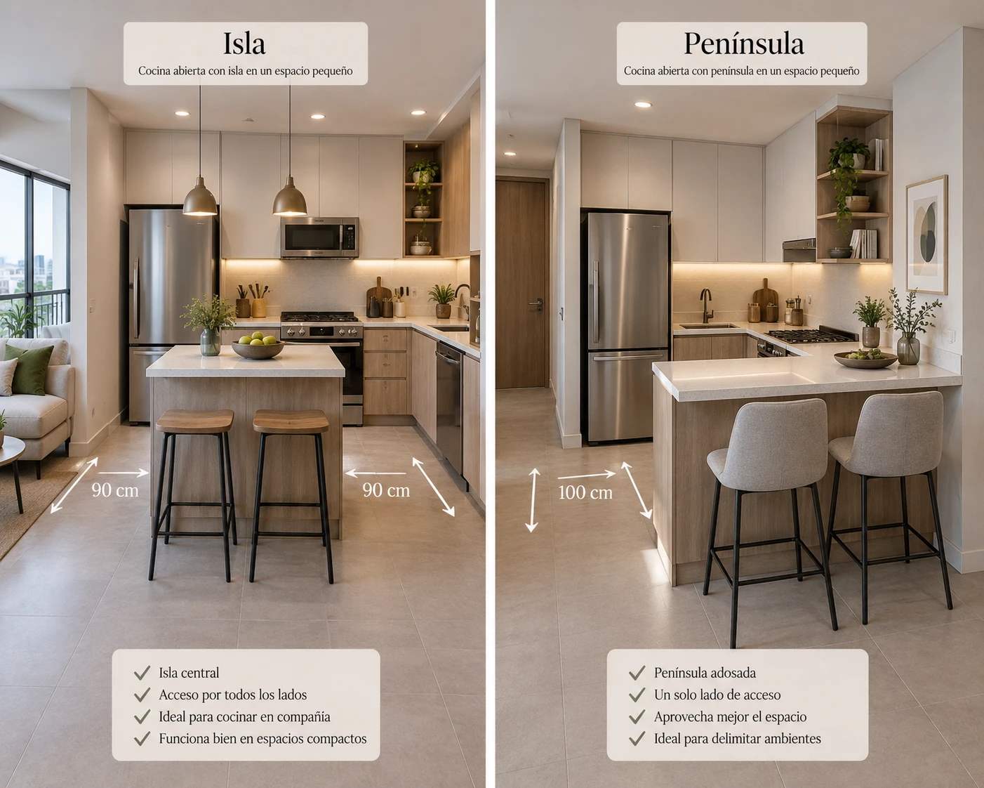 Comparación visual entre cocina isla pequeña y cocina con península en espacios abiertos.