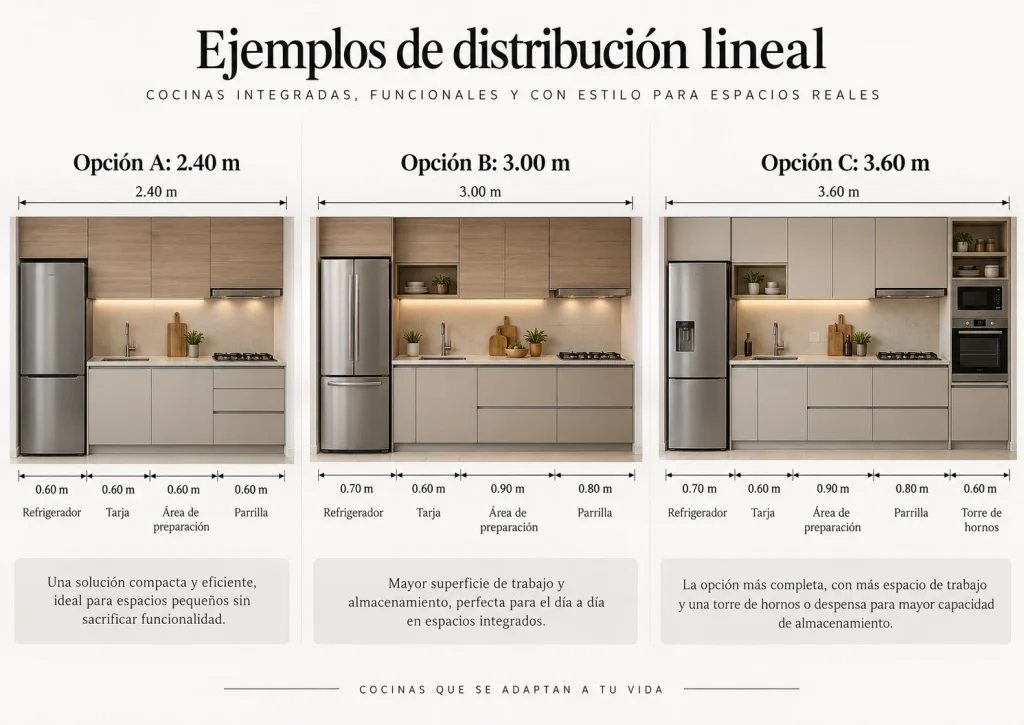 Ejemplos de distribución lineal para cocinas integrales pequeñas de 2.40, 3.00 y 3.60 metros.
