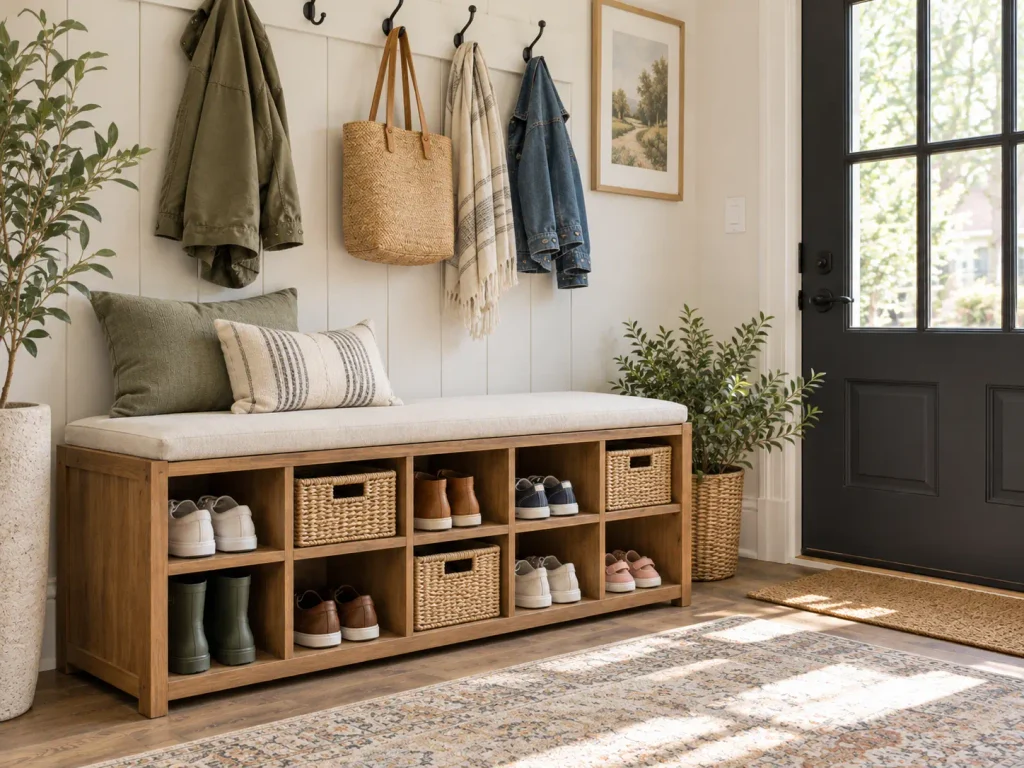 Wooden cubby mudroom bench with shoe storage, woven baskets, and organized family footwear