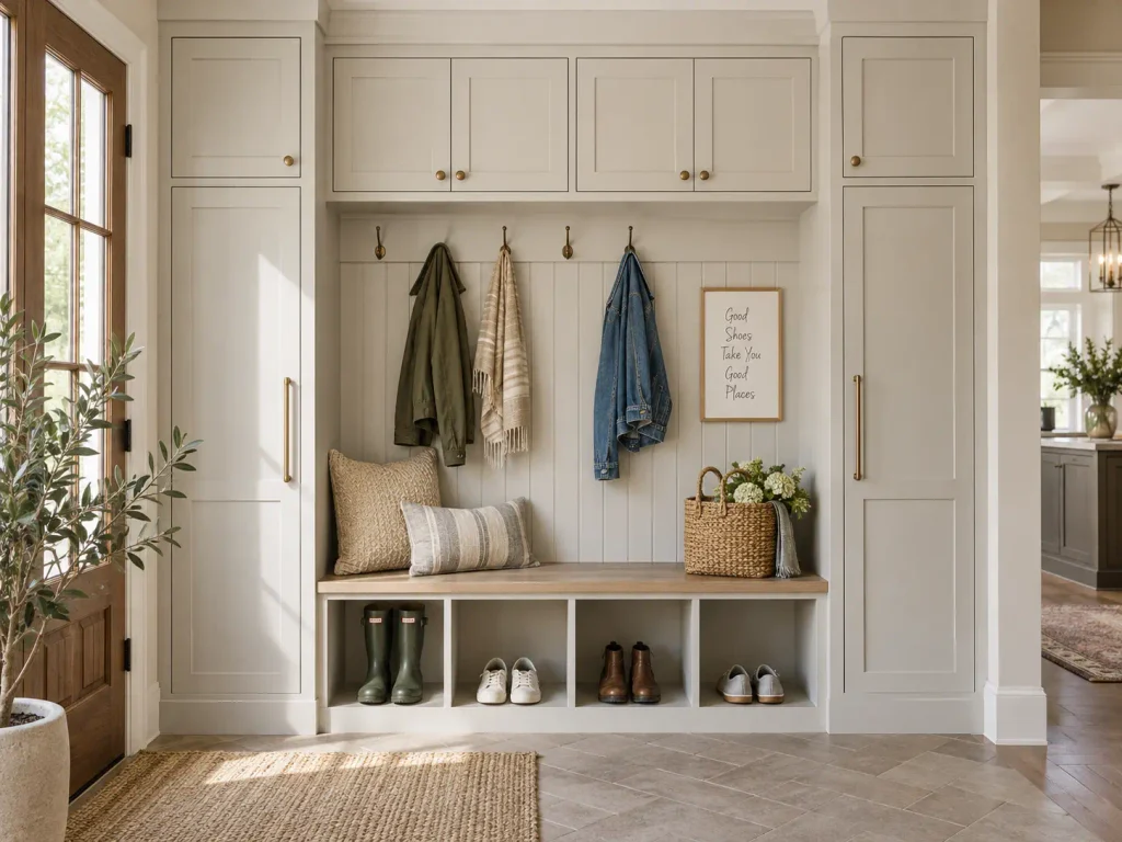 Custom mudroom design with built-in cabinets, wooden bench, coat hooks, and open shoe storage