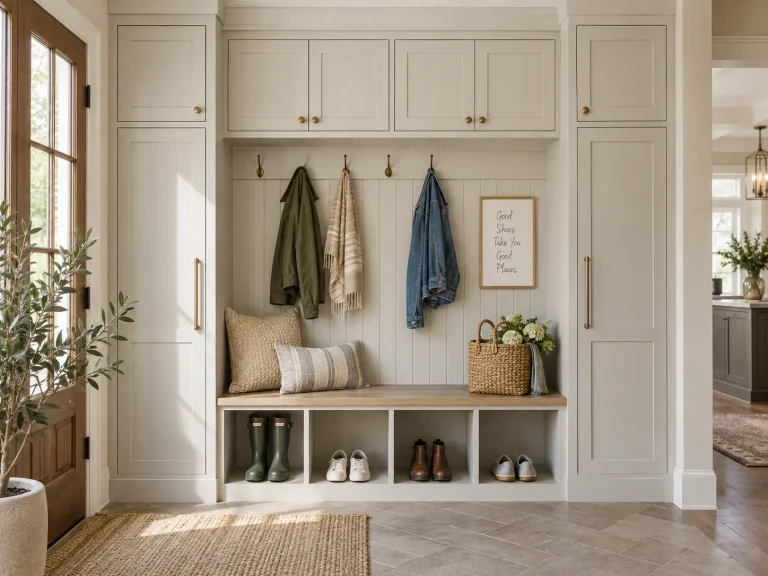 Custom mudroom design with built-in cabinets, wooden bench, coat hooks, and open shoe storage