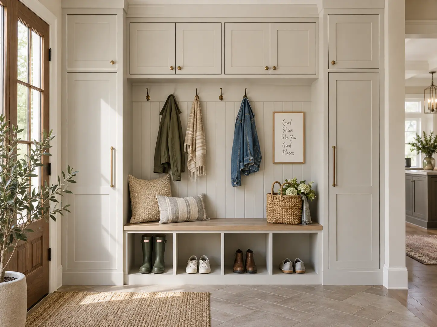 Custom mudroom design with built-in cabinets, wooden bench, coat hooks, and open shoe storage