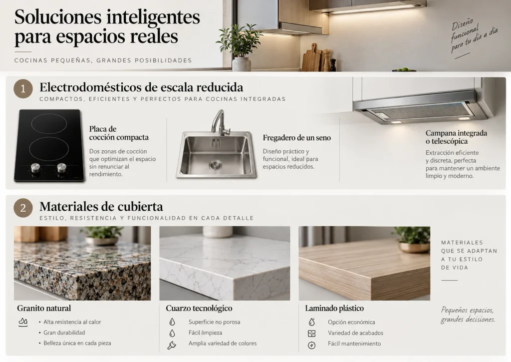 Comparación de parrilla compacta, tarja individual, campana integrada y materiales de cubierta para cocinas pequeñas.