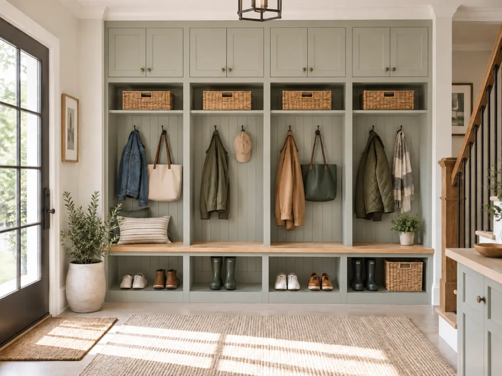 Finished sage green mudroom lockers with upper storage cabinets, wood bench and organized shoe cubbies