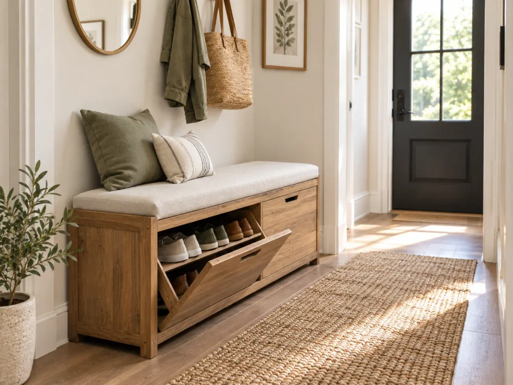 Wooden mudroom bench with flip-down shoe storage compartment in a narrow entryway.