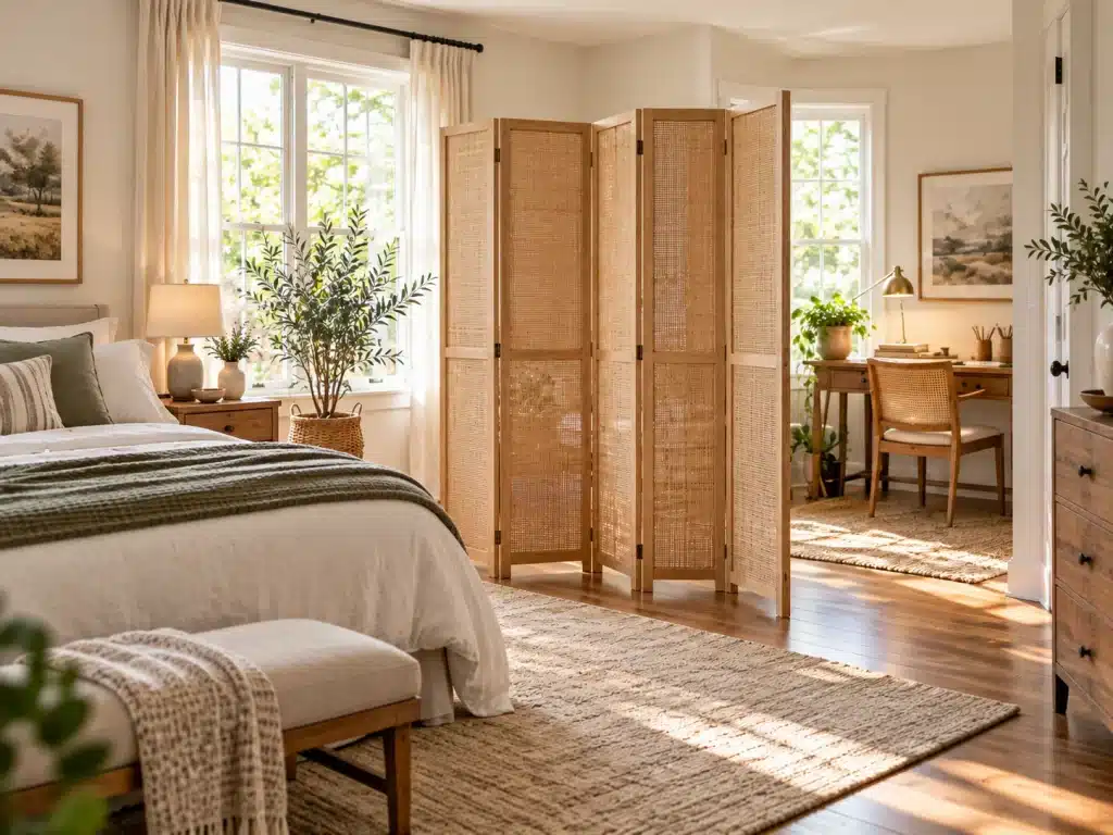 Three freestanding room dividers featuring slatted wood, woven rattan, and fabric panels