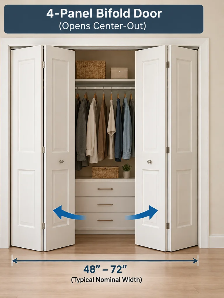 White four-panel bifold closet doors opening from the center to reveal a wide storage closet.
